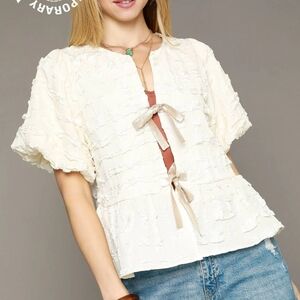 Umgee Cream Textured Blouse with Ruffle Sleeves